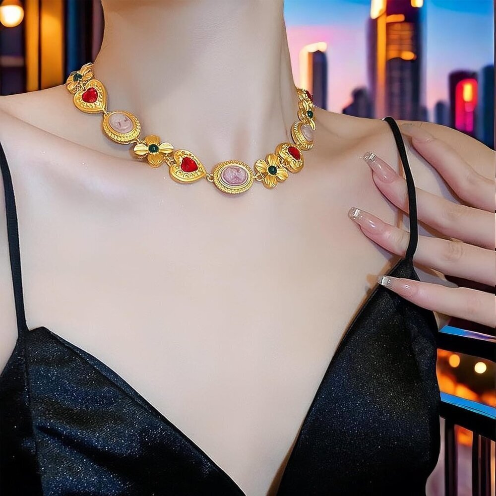 Chunky Y2K Jewelry Gold Necklace Red Heart Charm Colorful Vintage Collar - Picture 8 of 9